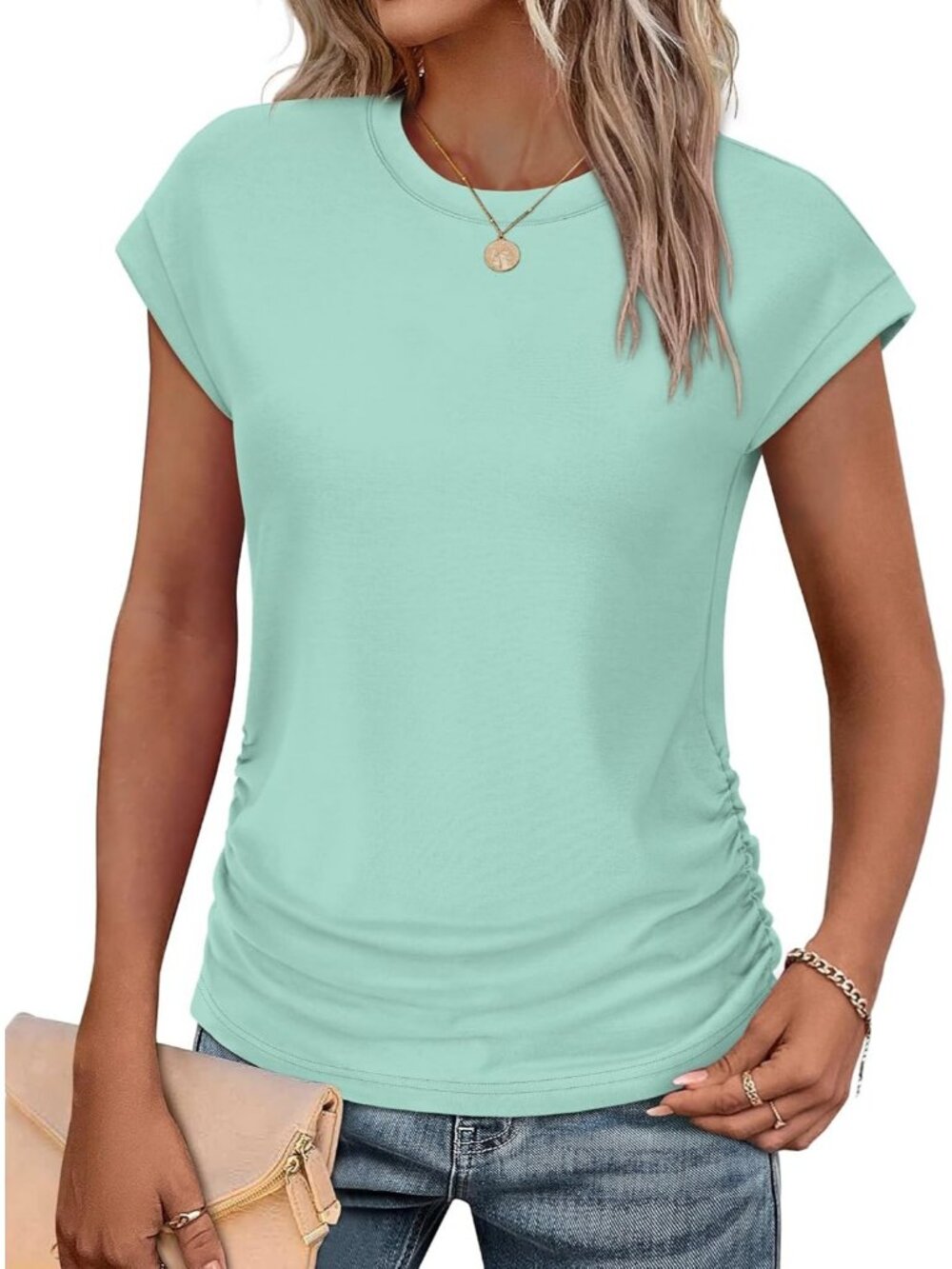 Women's Lake Green Polyester Blend Short Sleeve Crew Neck Pull On Henley Shirts